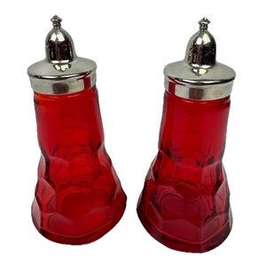 VTG Viking Glass Ruby Red Honeycomb Glass Salt & Pepper Shakers 5” Metal Domed